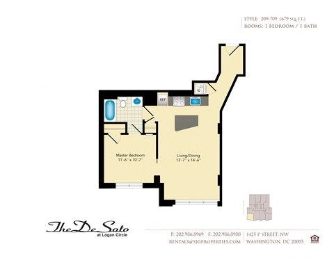 Floor plan for 1 bed, 1 bath, 679 sqft